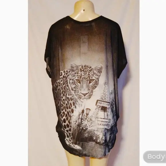 Black Tunic Top with Leopard and Eiffel Tower - The Fix Clothing