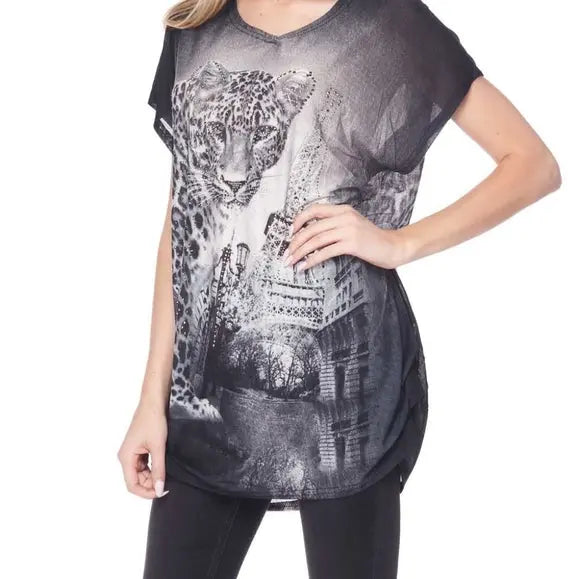 Black Tunic Top with Leopard and Eiffel Tower - The Fix Clothing