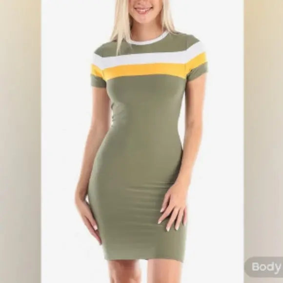 Olive Green Striped Bodycon Dress - The Fix Clothing