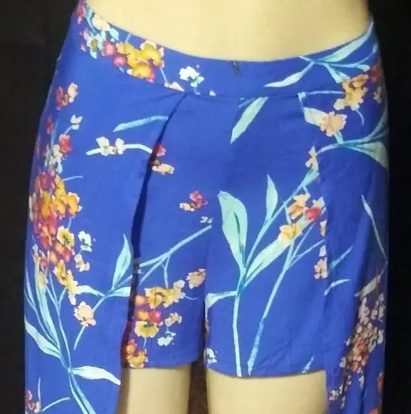 Royal Blue Floral Shorts with a Skirt - The Fix Clothing
