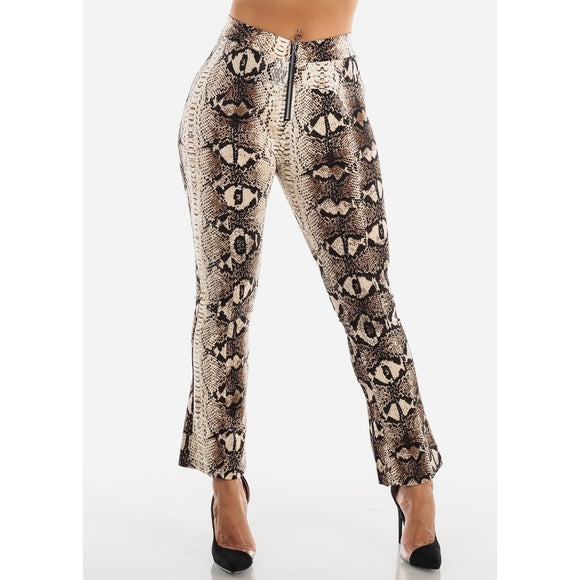 High Waisted Beige Flare Snake Pants - The Fix Clothing