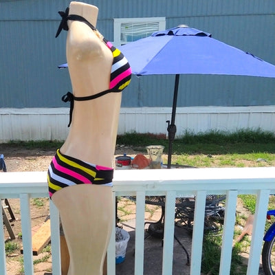 Black Multi Colored Striped Bling Swimsuit - The Fix Clothing